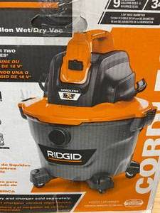 lot 77 image: RIGID 9 Gal. 18-Volt Cordless WetDry Shop Vacuum (Tool Only) with Filter, Hose and Accessories