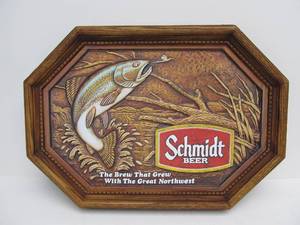 lot 17 image: Mint NOS Vintage SCHMIDT Leaping Trout Embossed Beer Sign