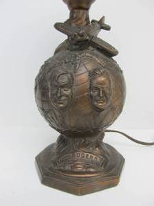 lot 19 image: Vintage 1930s WILL ROGERS & Riley Post Airplane Embossed Brass Lamp