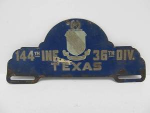 lot 32 image: Old Vintage Tin Military 144th Infantry - Texas License Plate Topper