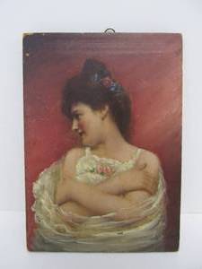 lot 47 image: Small Antique Victorian Lady Hand Painted Portrait on Wood