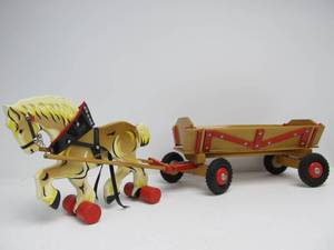 lot 50 image: Excellent Vintage 1960s Western Germany Wooden Horse & Wagon Pull Toy