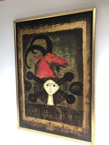 lot 160 image: Large Mid Century 1960s Framed Signed Hand Colored Gold Leaf Lithograph by Mersad Berber - Lady With Goat