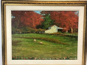 lot 162 image: Framed Signed DEBORAH COTRONE Oil on Canvas Farm Scene wSheep