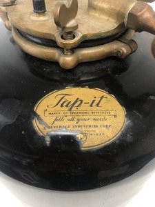 lot 163 image: Old 1930s TAP-IT Soda Fountain Brass & Porcelain Enameled Soda Canister