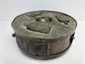 lot 173 image: Awesome Old Vintage Heavy Relief Copper Canister wEmbossed Seagrams Whiskey Bottles