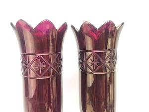 lot 178 image: Pair of 1920s-30s Brass Table Lamps CranberryPurple Glass Shapes