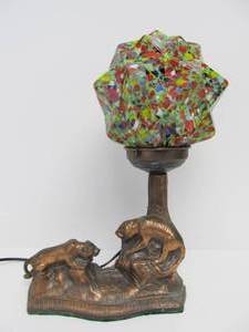 lot 56 image: Vintage Deco 1930s Cast Metal Tiger Table Lamp wFantastic Czech Geometric Star Globe