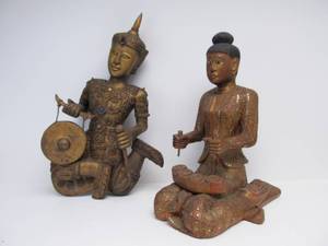 lot 84 image: Pair of LARGE Hand Carved Decorated Gilt Wood Thai Deity Figures