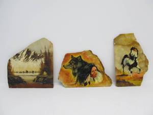 lot 93 image: 3 Vintage Native American Hand Painted Stone Slabs - Signed Gabriel