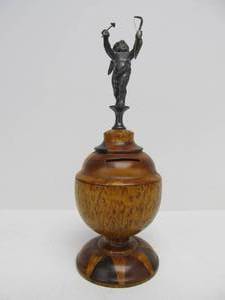 lot 106 image: Quality Antique Inlaid Turned Wood Coin Bank wCupid Finial