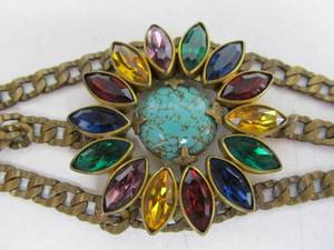 lot 115 image: Nice Ornate Large Signed 1920s-30s Singer & Kantor Rhinestone & Turquoise Bracelet