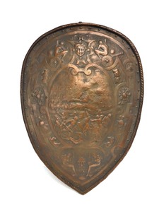 lot 188 image: Monumental 1920s Signed ARMOR BRONZE Shield Form Wall Plaque
