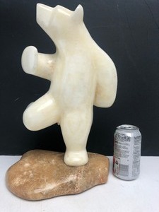 lot 189 image: LARGE Signed Carved White Marble Stone Dancing Polar Bear Inuit Sculpture