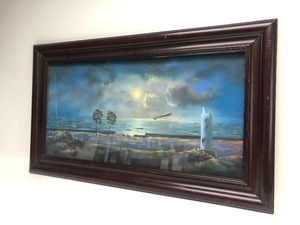 lot 193 image: Signed Antique 1920 Shore Line Lighthouse Nautical Painting wSteamship on Horizon