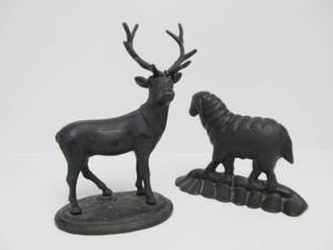lot 117 image: Antique Cast Iron Full Body Deer Coin Bank & Sheep Door Stop