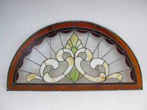 lot 126 image: Large Vintage Genuine Stained Glass Half Round Window