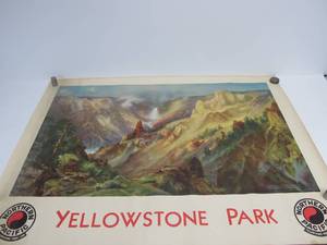 lot 130 image: Original 1930s Thomas Moran NORTHERN PACIFIC Yellowstone Park Line Railroad Travel Poster
