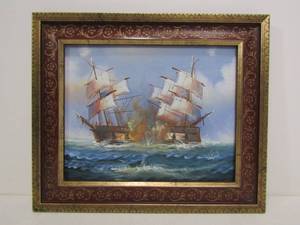 lot 146 image: Original Sailing Ships Battling in High Seas Acrylic on Board