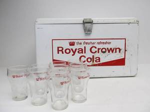 lot 224 image: Vintage ROYAL CROWN Cola Embossed Metal Cooler w 1950s Soda Glasses