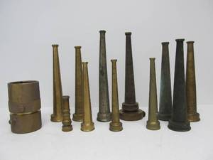 lot 229 image: Nice Collection of Old Brass Vintage Fire Hose etc Nozzles