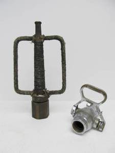 lot 230 image: Early Brass 2-Handled Fire Hose Nozzle & Old Nickel Plated Brass Rockwood Nozzle