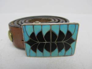 lot 233 image: Signed Vintage Zuni Sterling Silver & Inlaid Mosaic Turquoise Zuni Belt Buckle & Belt by Ed & Pablita Quam