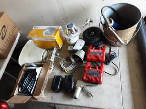 lot 29 image: 2-Recessed Light Kits, PA Speakers, Assorted Tool Chargers, Box Of Bike Chain Hardware