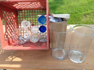 lot 30 image: Milk Crate With Many New Glass Vases & Candle Holders