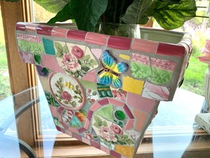 lot 100 image: Square Mosaic Planter with Faux Flowers
