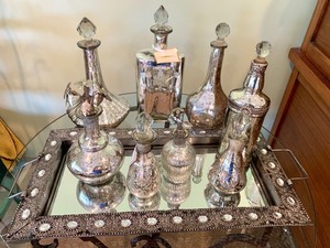 lot 131 image: Silver Accented Tray with Glass Bottles