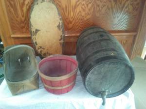 lot 51 image: Wood Keg, baskets & wood etching.
