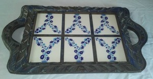 lot 157 image: Vintage tray with tile wood.