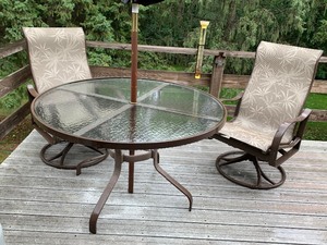 lot 63 image: Patio Table, Umbrella, And Two Rocking Chairs