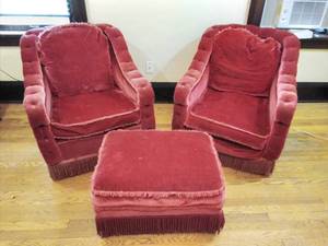 Pair of Vintage Armchairs with Matching Ottoman