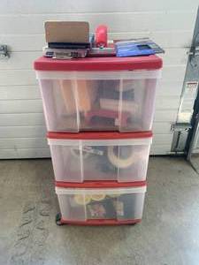 lot 72 image: 2 Drawer Rolling Cart full of Paint  Drywall Supplies