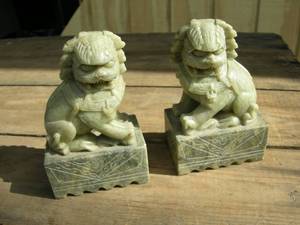 lot 58 image: Pair Carved Oriental Foo Dogs