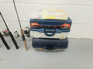 9 Fishing Rods (6 with reels) & 2 Tackle Boxes with lures