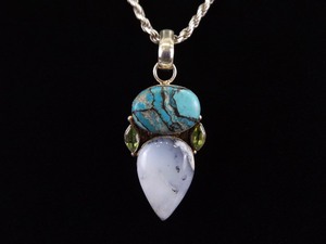 .925 Sterling Silver&nbspNavajo Bisbee Turquoise, Peridot, and Moss Agate Pendant Necklace