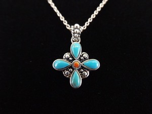 .925 Sterling Silver&nbspNavajo Sleeping Beauty and Coral Desert Flower Signed Pendant Necklace