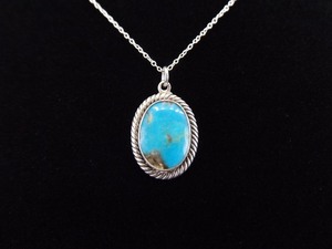 .925 Sterling Silver Blue Gem Turquoise Cabochon Pendant Necklace