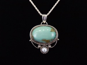 .925 Sterling Silver Large Navajo Crow Springs Turquoise Cabochon Pendant Necklace