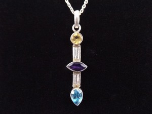 .925 Sterling Silver Faceted Citrine, Amethyst, and Topaz Bar Pendant Necklace
