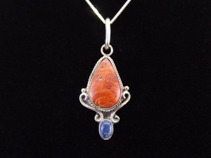 .925 Sterling Silver Red Coral and Lapis Cabochon Pendant Necklace