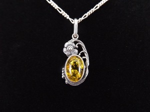 .925 Sterling Silver Navajo Yellow Amber Cabochon Pendant Necklace