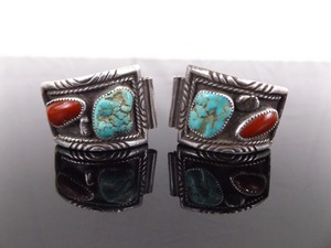 .925 Sterling Silver Mens Navajo Turquoise and Coral Watch Band Wings