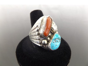 .925 Sterling Silver Navajo Turquoise and Red Coral Ring Size 12