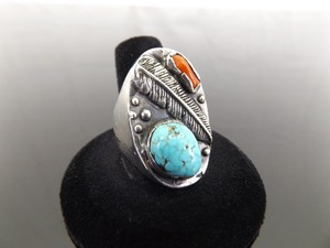 .925 Sterling Silver&nbspNavajo Turquoise and Red Coral Ring Size 9.75