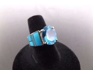 .925 Sterling Silver Navajo Inlayed Sleeping Beauty Turquoise Topaz Ring Size 7