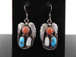 .925 Sterling Silver Navajo Turquoise, Coral, and Mother of Pearl Hook Dangle Earrings